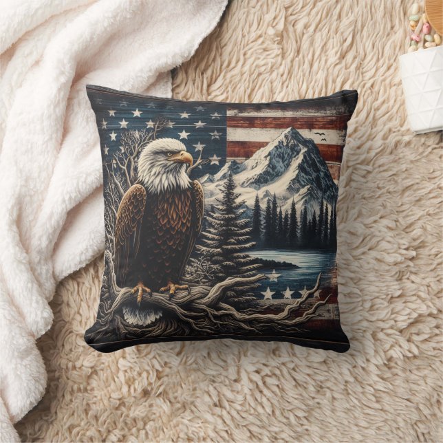 Majestic Eagle Perched Near Mountains and Sunset Throw Pillow (Blanket)