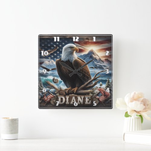 Majestic Eagle Perched on a Branch With Flag Square Wall Clock