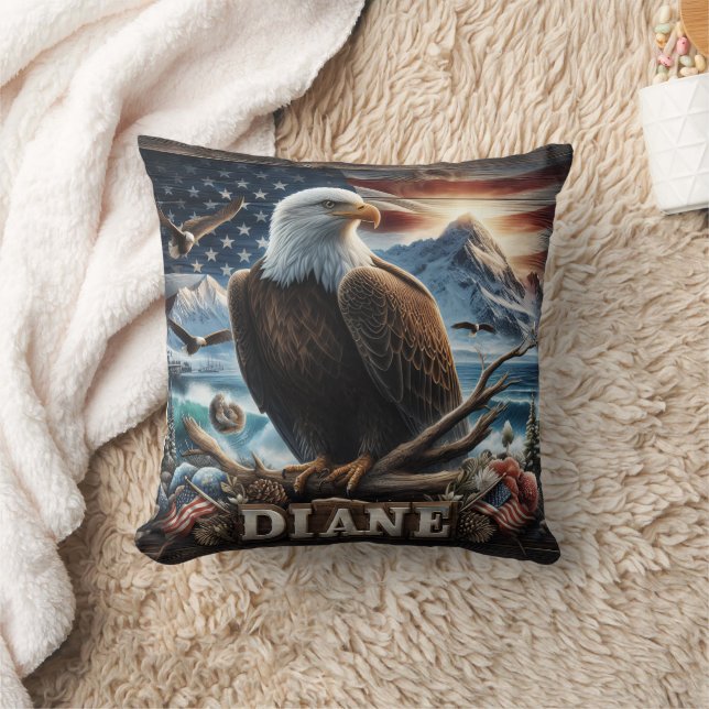 Majestic Eagle Perched on a Branch With Flag Throw Pillow (Blanket)