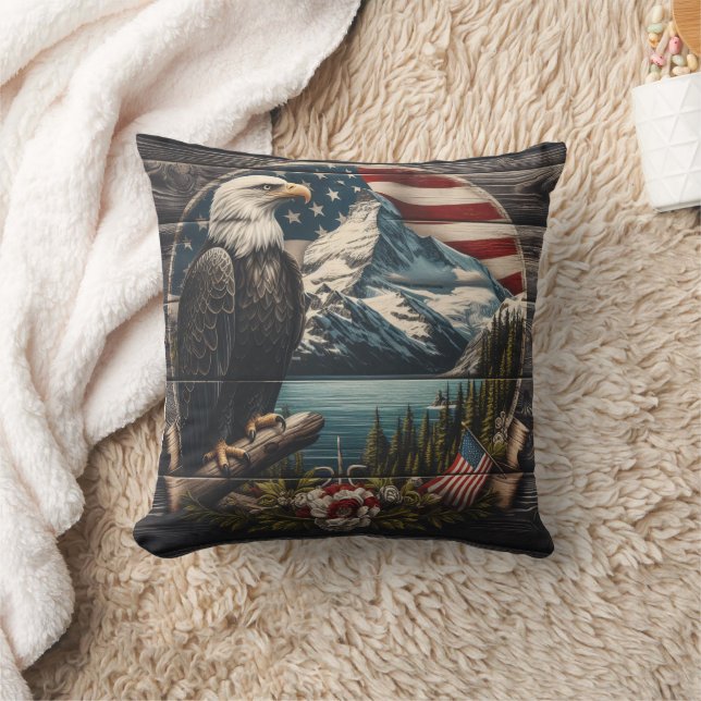 Majestic Eagle Perched on Tree Near Mountains Throw Pillow (Blanket)