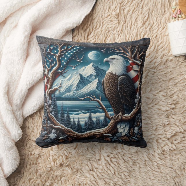 Majestic Eagle Perched on Tree With American Flag Throw Pillow (Blanket)