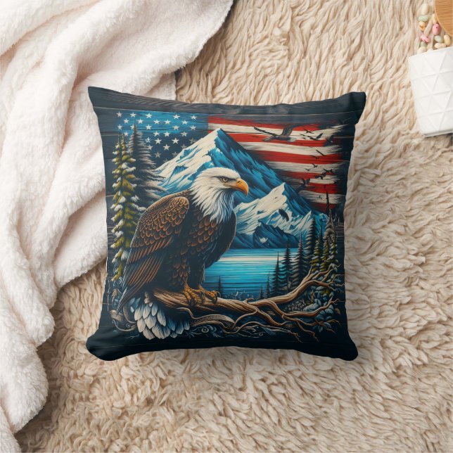 Majestic Eagle Perched With Mountains and Flag Throw Pillow (Blanket)
