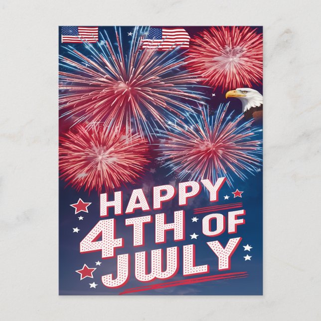 Majestic Eagle Soaring 4th of July Fireworks Holiday Postcard (Front)