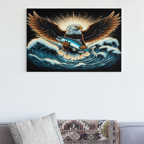 Majestic Eagle Soaring Above Fish on Wave Poster