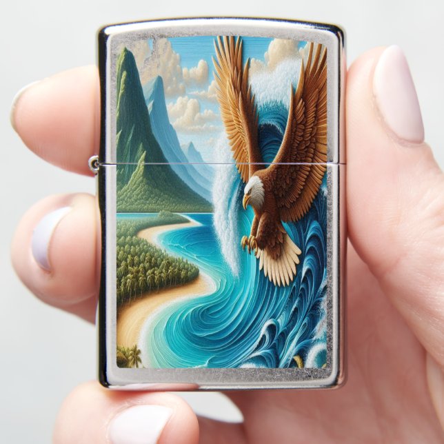 Majestic Eagle Soaring Above Ocean Zippo Lighter (In Hand)