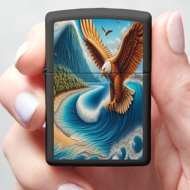Majestic Eagle Soaring Above Sandy Shore Zippo Lighter (In Hand)