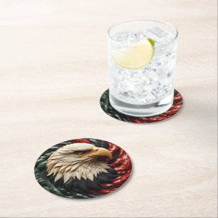Majestic Eagle Soaring Amidst Red White and Green Round Paper Coaster