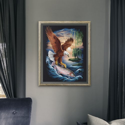 Majestic Eagle Soaring Over a Fish Poster