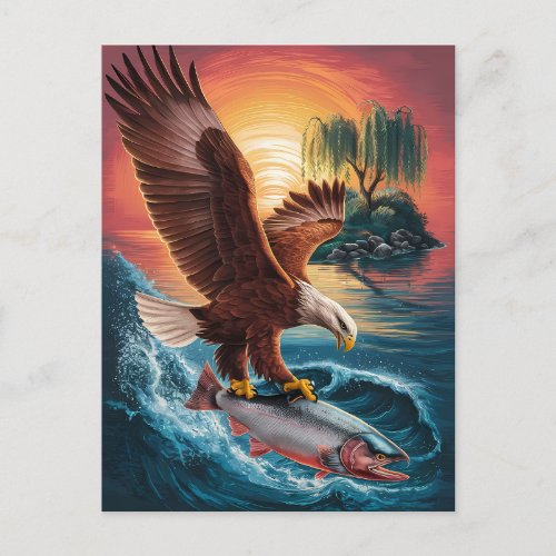 Majestic Eagle Soaring Over a Glittering Fish Postcard