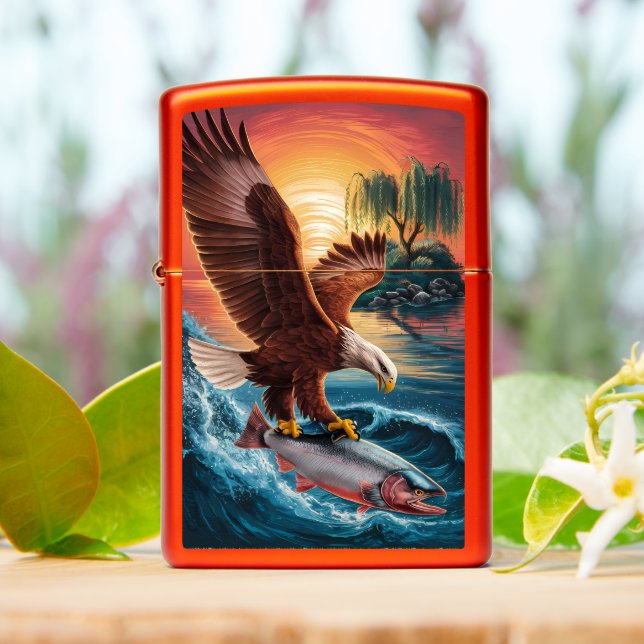 Majestic Eagle Soaring Over a Glittering Fish Zippo Lighter (On Table)