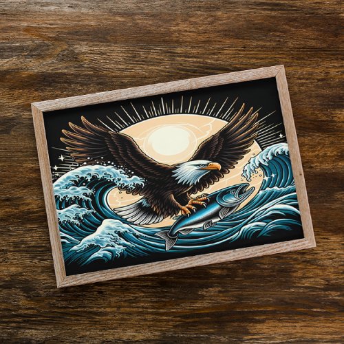 Majestic Eagle Soaring Over Ocean Wave With Fish Poster