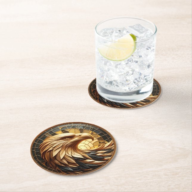 Majestic Eagle Soaring Through Stained Glass Round Paper Coaster (Insitu)