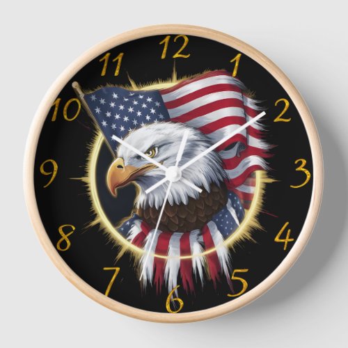 Majestic Eagle Soaring With American Flag Clock