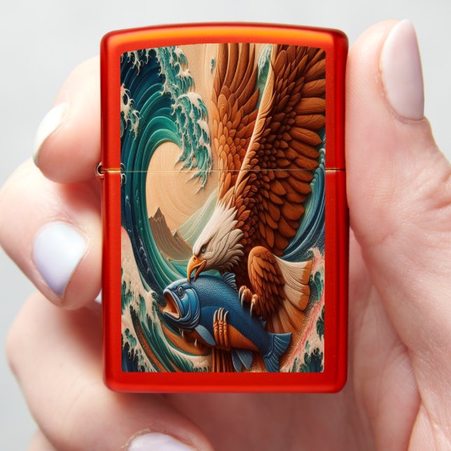 Majestic Eagle Soars Over Fish Zippo Lighter (In Hand)