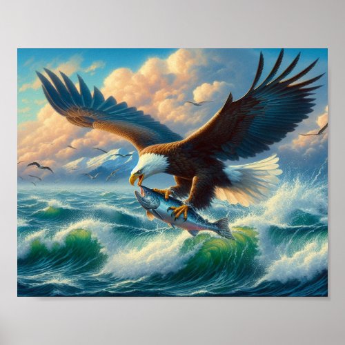 Majestic Eagle Swooping Down to Catch Fish 10x8 Poster