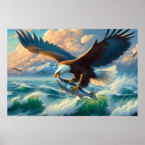 Majestic Eagle Swooping Down to Catch Fish 20x16 Poster