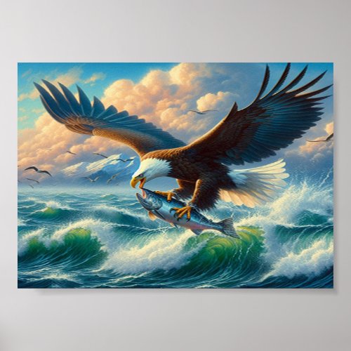 Majestic Eagle Swooping Down to Catch Fish 7x5 Poster