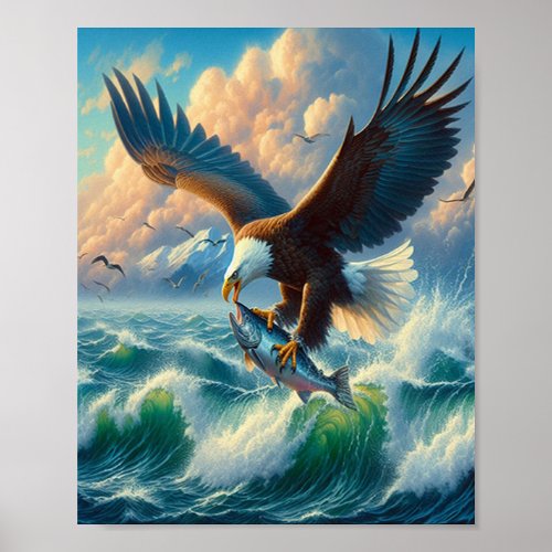 Majestic Eagle Swooping Down to Catch Fish 8x10 Poster