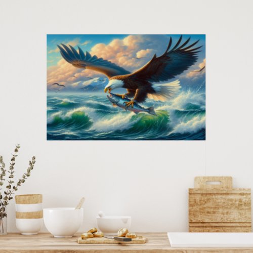 Majestic Eagle Swooping Down to Catch Fish Poster