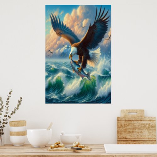 Majestic Eagle Swooping Down to Catch Fish Poster