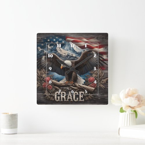 Majestic Eagle With American Flag Background Square Wall Clock