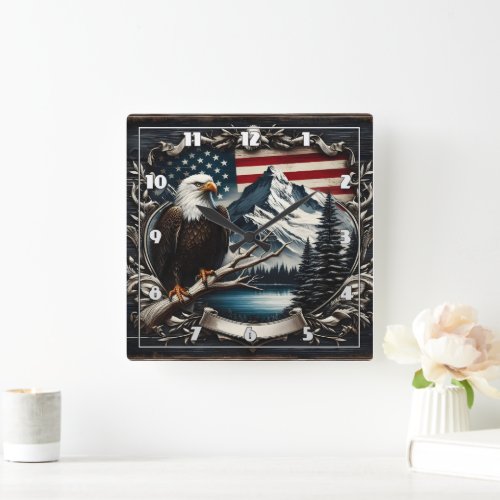 Majestic Eagle With American Flag Background Square Wall Clock