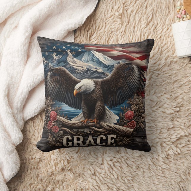 Majestic Eagle With American Flag Background Throw Pillow (Blanket)