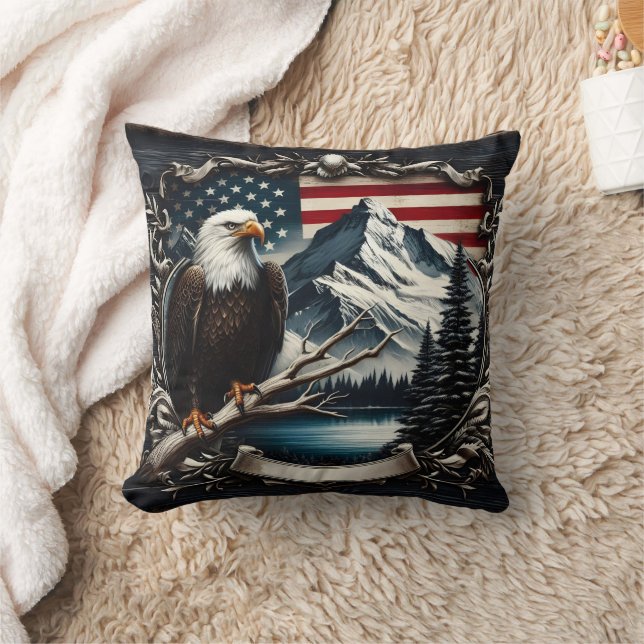 Majestic Eagle With American Flag Background Throw Pillow (Blanket)
