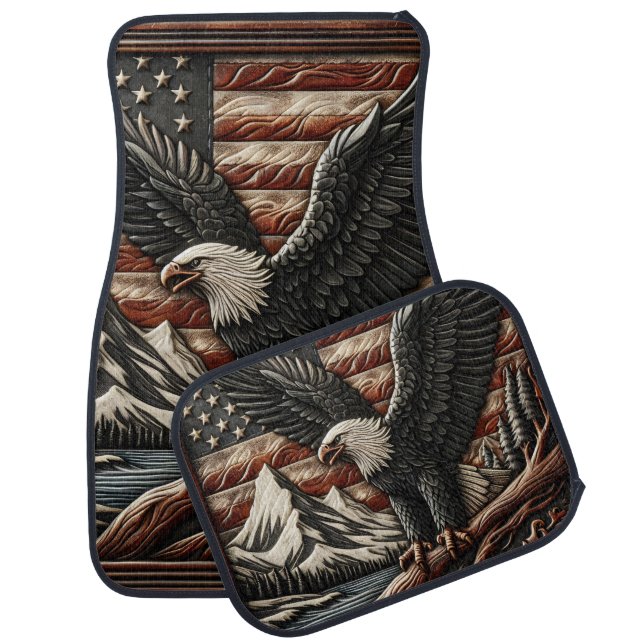 Majestic Eagle With Mountains and American Flag Car Floor Mat (Set)