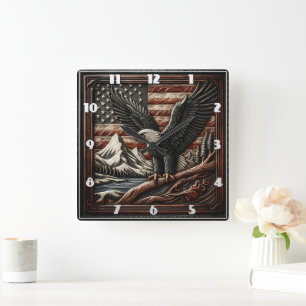 Majestic Eagle With Mountains and American Flag Square Wall Clock