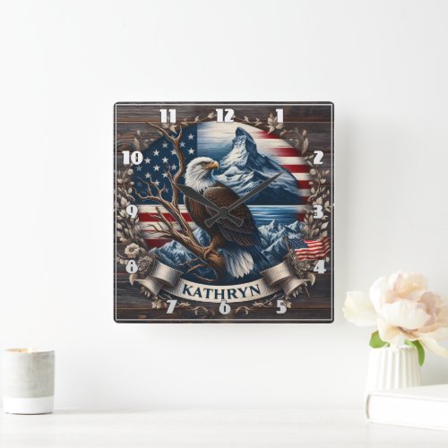 Majestic Eagle With Mountains and American Flag Square Wall Clock