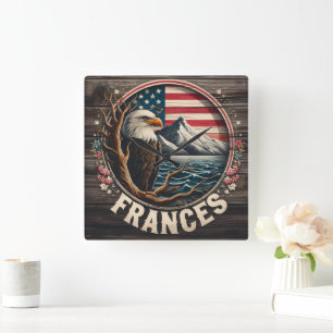 Majestic Eagle With Mountains and Flag Background Square Wall Clock