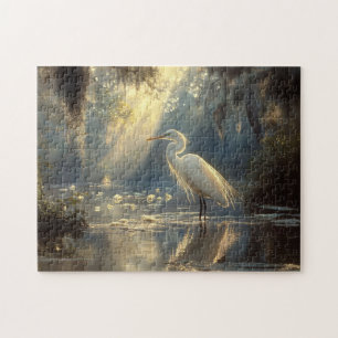 Majestic Egret Standing in a Serene Sunlit Swamp Jigsaw Puzzle