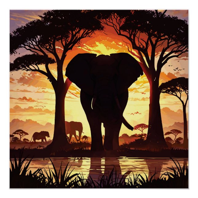 Majestic Elephant at Sunset in the African Savanna Poster (Front)