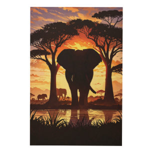 Majestic Elephant at Sunset in the African Savanna Wood Wall Art