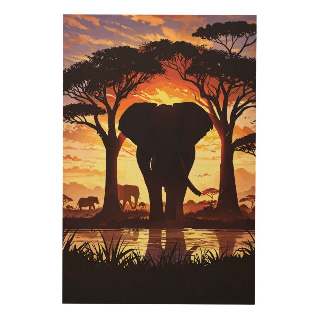 Majestic Elephant at Sunset in the African Savanna Wood Wall Art (Front)