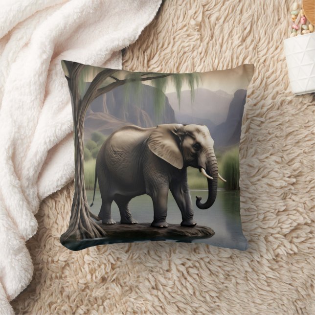 Majestic Elephant at Tranquil Lakeside Dawn Throw Pillow (Blanket)