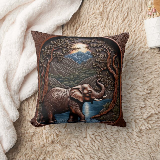 Majestic Elephant by Serene Mountain Lake Throw Pillow (Blanket)