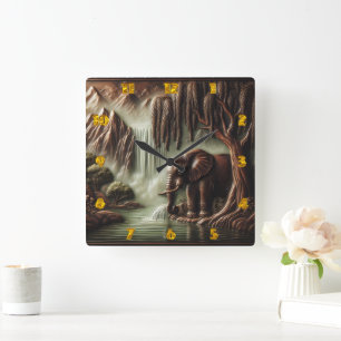 Majestic Elephant by Serene Waterfall at Dusk Square Wall Clock