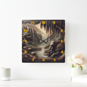 Majestic Elephant by Serene Waterfall at Dusk Square Wall Clock