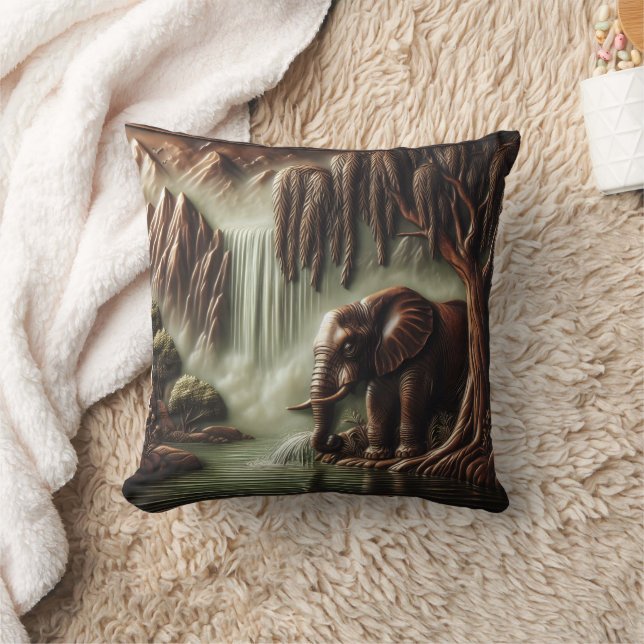 Majestic Elephant by Serene Waterfall at Dusk Throw Pillow (Blanket)