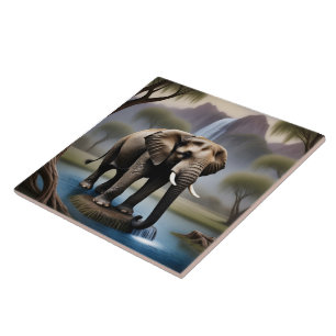 Majestic Elephant by Tranquil Waterfall at Dusk Ceramic Tile