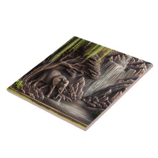 Majestic Elephant by Tranquil Waterfall Scene Ceramic Tile (Side)