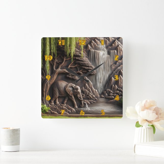 Majestic Elephant by Tranquil Waterfall Scene Square Wall Clock (Home)