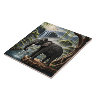 Majestic Elephant Drinking at Serene Waterfall Ceramic Tile