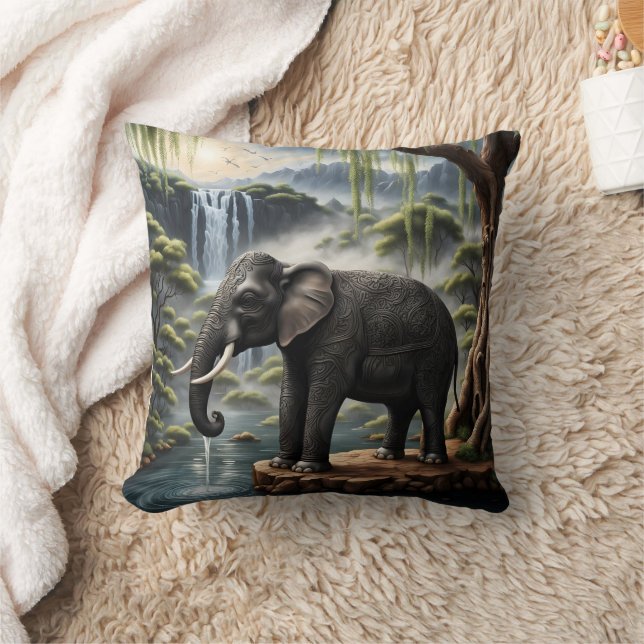 Majestic Elephant Drinking at Serene Waterfall Throw Pillow (Blanket)