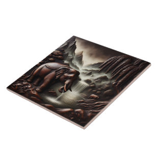 Majestic Elephant Drinking by Serene Waterfall Ceramic Tile