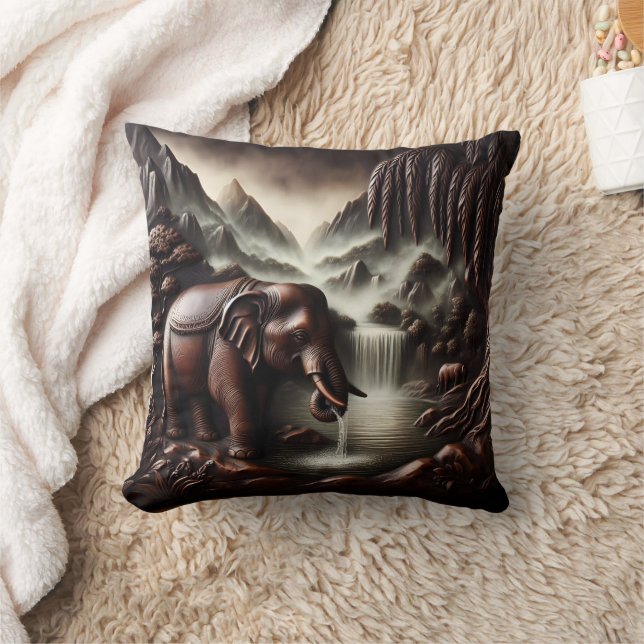 Majestic Elephant Drinking by Serene Waterfall Throw Pillow (Blanket)