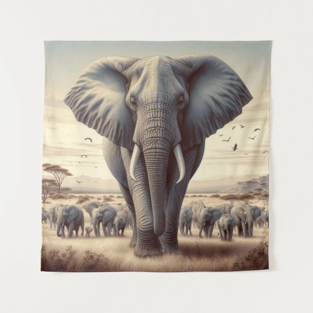 Majestic Elephant Herd Tapestry (Front)