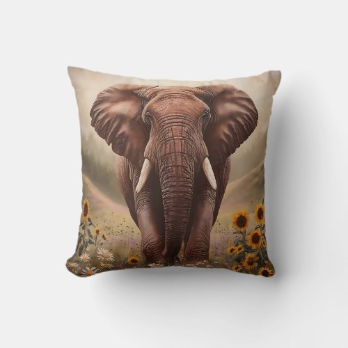Majestic Elephant in Wildflower Field Throw Pillow